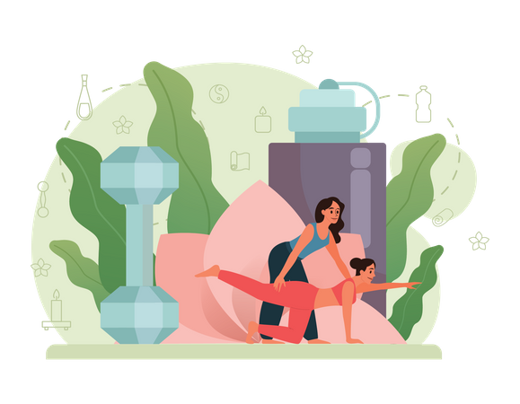 Yoga trainer helping young woman make exercise stretching  Illustration