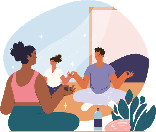 Yoga trainer teaching yoga in yoga class  Illustration