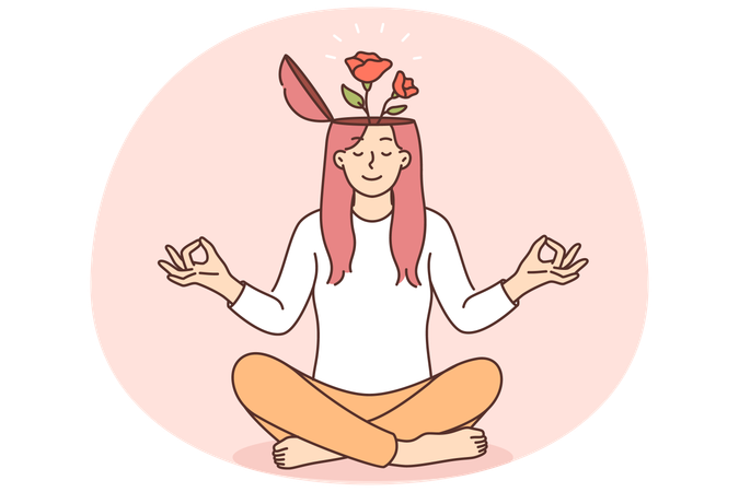 Yogi woman meditates and feels how flowers grow from head  Illustration