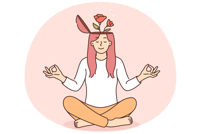 Yogi woman meditates and feels how flowers grow from head  Illustration