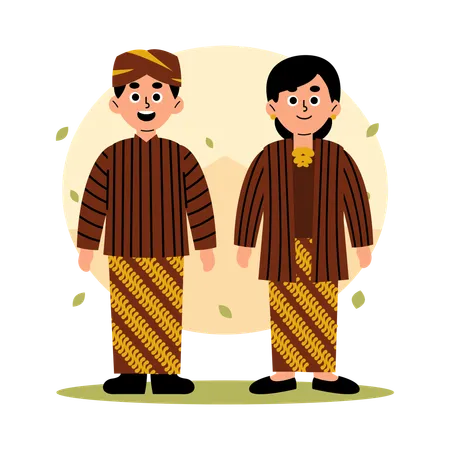 Ilustracao De Um Homem E Uma Mulher Vestidos Com Roupas Tradicionais De Yogyakarta Mostrando A Rica Heranca Cultural Da Indonesia Ilustração
