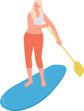 Young active woman standing on supboard paddling  イラスト