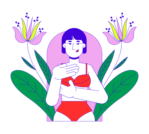 Young adult korean woman in bikini examining herself  Illustration