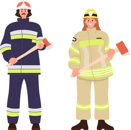 Young adult man and woman firefighter characters wearing uniform  Illustration