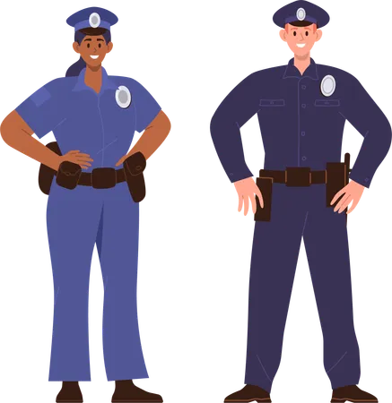 Young Adult Man And Woman Police Officer Cartoon Characters Wearing Uniform Cap And Guns On Belt Isolated On White Background Important People Job Occupation Rescue Team Vector Illustration Illustration