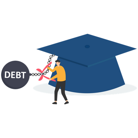 Young adult man cut chain to relief from student loan debt burden metal ball from graduated mortarboard  Illustration