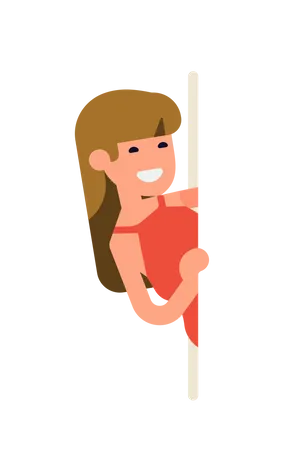 Young adult woman holding side of vertical banner peeking out Illustration