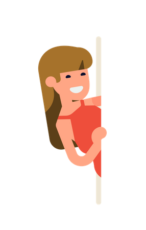 Young adult woman holding side of vertical banner peeking out  Illustration