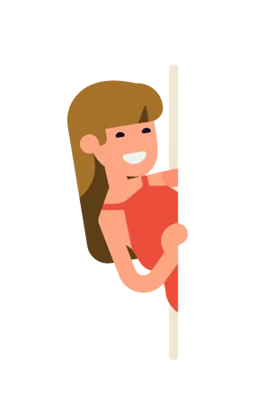 Young adult woman holding side of vertical banner peeking out  Illustration