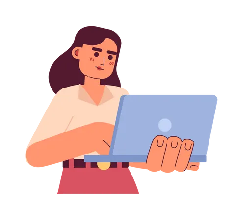 Young Adult Woman With Laptop Smiling Semi Flat Colorful Vector Character Female Secretary Working Online Editable Half Body Person On White Simple Cartoon Spot Illustration For Web Graphic Design 일러스트레이션