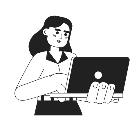 Young Adult Woman With Laptop Smiling Monochromatic Flat Vector Character Female Secretary Working Editable Thin Line Half Body Person On White Simple Bw Cartoon Spot Image For Web Graphic Design Illustration