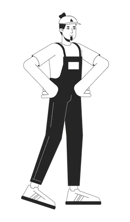 Caucasian Man House Mover In Overalls Black And White 2 D Line Cartoon Character European Male Handyman In Power Pose Isolated Vector Outline Person Determined Monochromatic Flat Spot Illustration Illustration