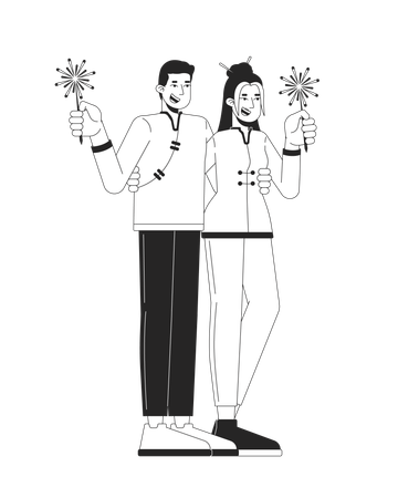 Young adults couple in tang suits holding sparklers  Illustration