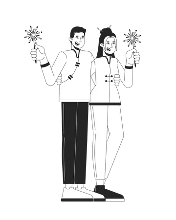 Young adults couple in tang suits holding sparklers  Illustration