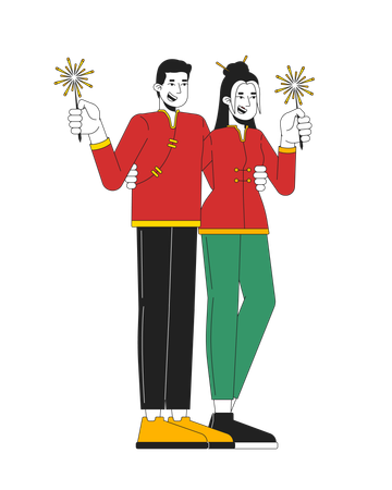 Young adults couple in tang suits holding sparklers  Illustration