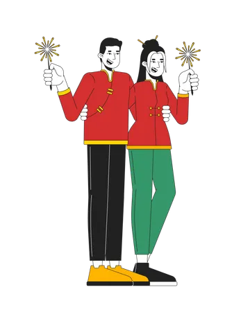 Young adults couple in tang suits holding sparklers  Illustration