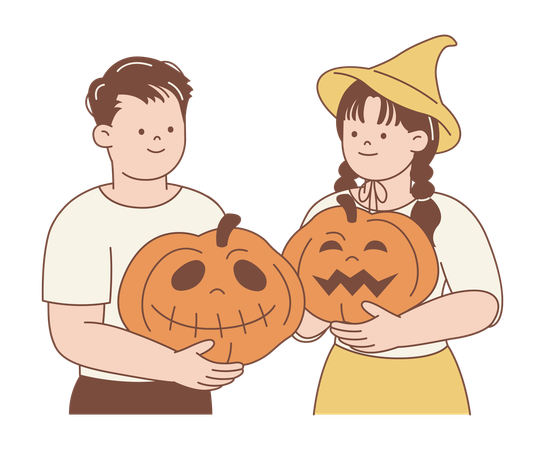 Young Adults Holding Carved Halloween Jack-o-Lanterns Together  Illustration