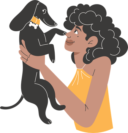 Young African woman holding black dachshund touching her nose with paw  Illustration