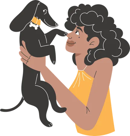 Young African woman holding black dachshund touching her nose with paw  Illustration