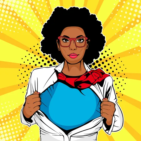 Young afro woman dressed in white jacket shows superhero t-shirt  Illustration