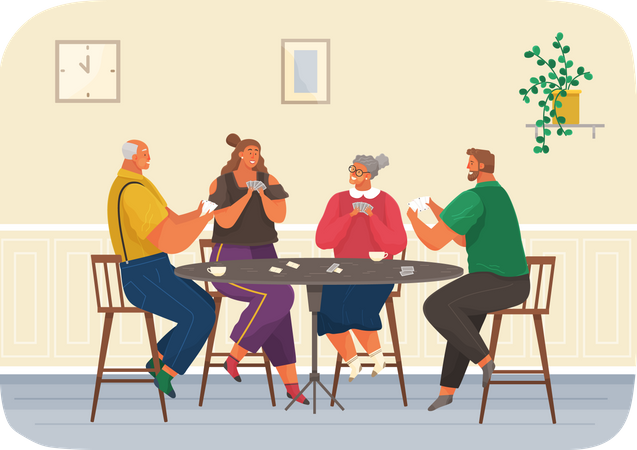 Young and elderly people with board game spend time in living room  Illustration