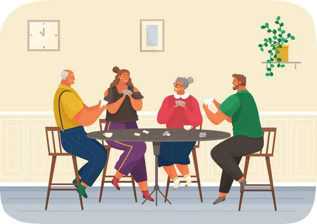 Cheerful Family Plays Cards Joyful Man And Women Sit Together At Home At Chairs Talk And Rest Home Activities And Entertainment Young And Elderly People With Board Game Spend Time In Living Room Illustration