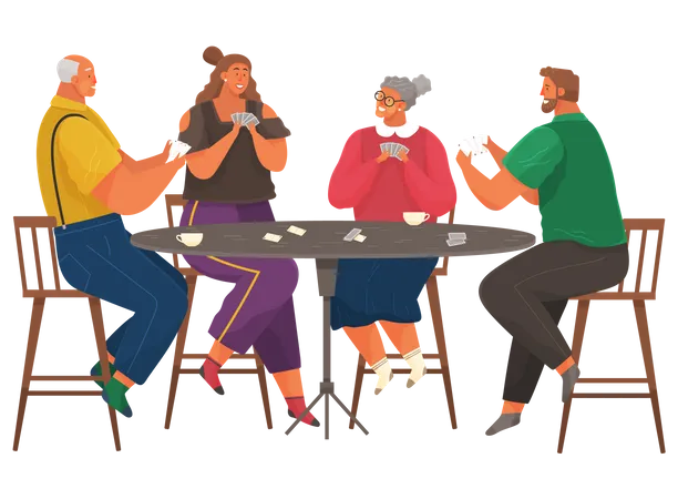 Cheerful Family Plays Cards Joyful Man And Women Sit Together At Home At Chairs Talk And Rest Home Activities And Entertainment Young And Elderly People With Board Game Spend Time In Living Room Illustration