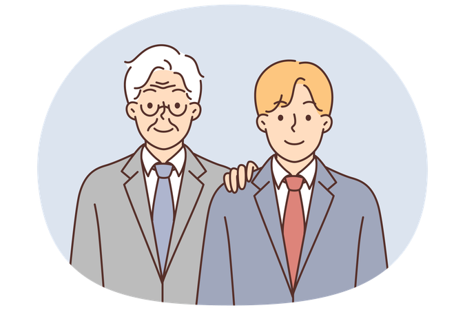 Young and old man in business suits symbolize succession of generations and inheritance  Illustration