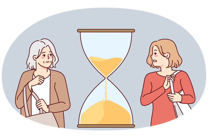 Young and old woman with hourglass  Illustration