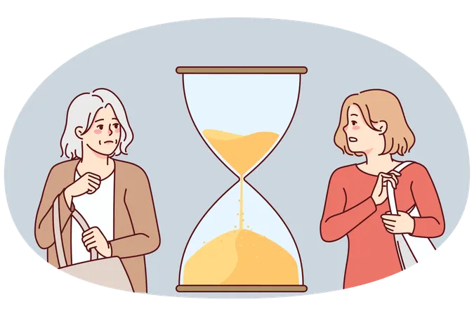 Young and old woman with hourglass  Illustration