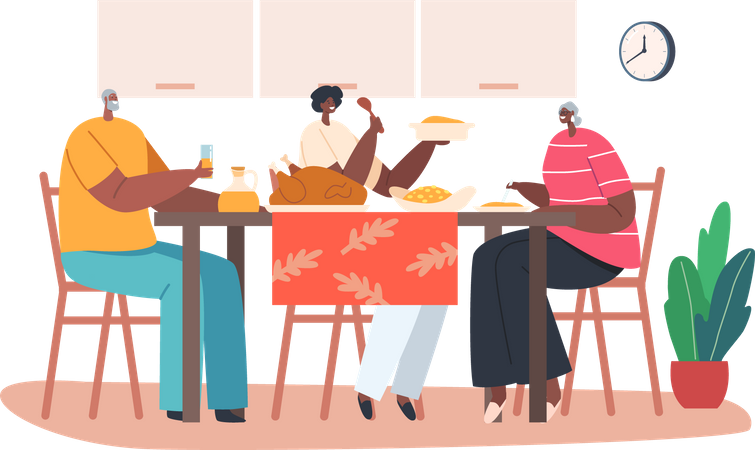 Young and Senior African having Dinner Together  Illustration