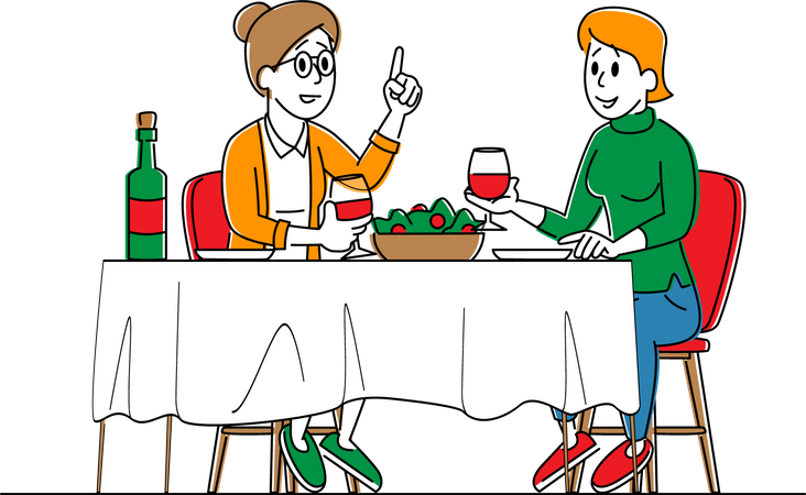 Young and Senior Women Sitting at Table with Food Drinking Beverages and Communicating at Home Illustration