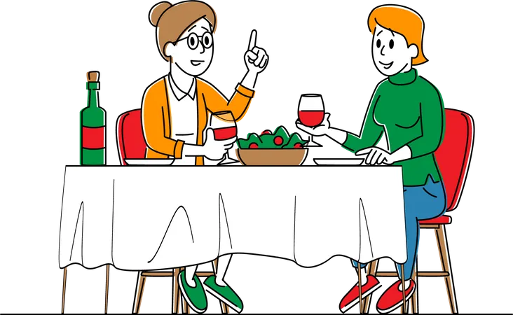 Young and Senior Women Sitting at Table with Food Drinking Beverages and Communicating at Home Illustration