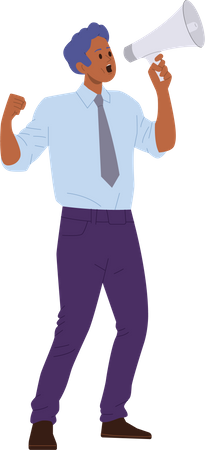 Young angry businessman shouting loudly in megaphone  Illustration