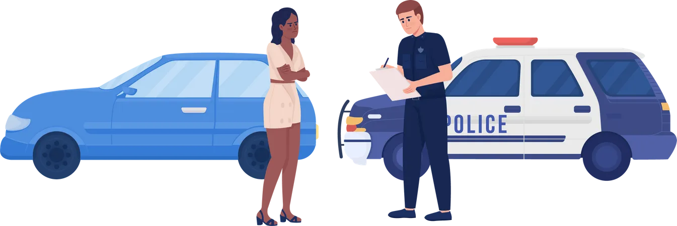Young angry lady pulled over by police officer Illustration