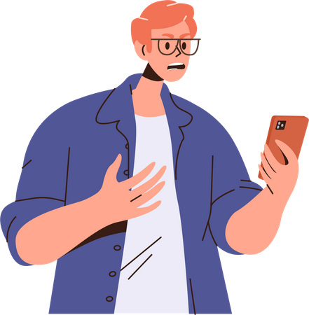 Young angry man looking at mobile screen  イラスト
