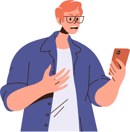 Young angry man looking at mobile screen  イラスト