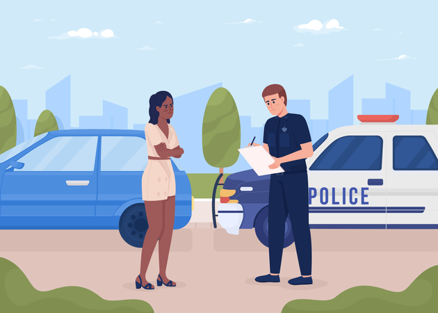 Young angry woman pulled over by police officer Illustration