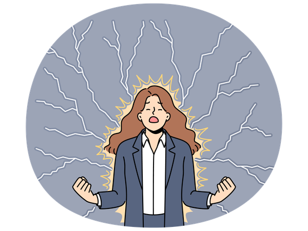 Young angry woman stands among lightning bolts and is nervous about problems affecting company  Illustration