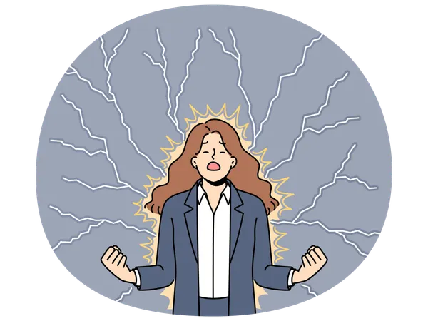 Young angry woman stands among lightning bolts and is nervous about problems affecting company  Illustration
