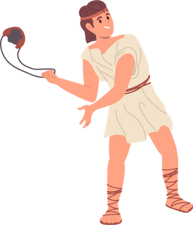 Young antique brave guy in traditional clothes throwing stone from sling  Illustration
