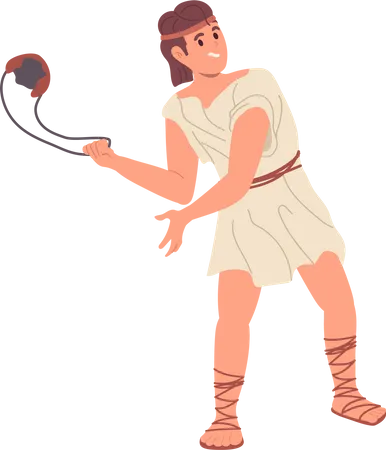 Young antique brave guy in traditional clothes throwing stone from sling Illustration