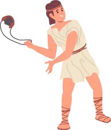 Young antique brave guy in traditional clothes throwing stone from sling  Illustration