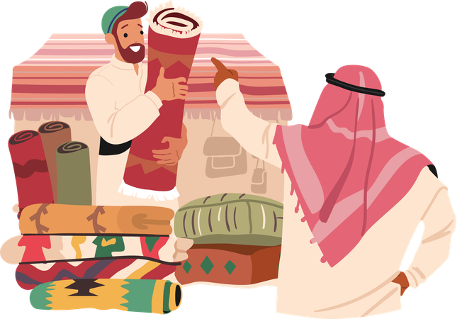 Young arabic salesman selling traditional oriental handcraft ornamental carpets at eastern fair  Illustration