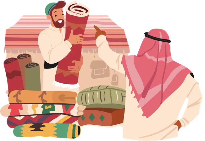 Young arabic salesman selling traditional oriental handcraft ornamental carpets at eastern fair  Illustration