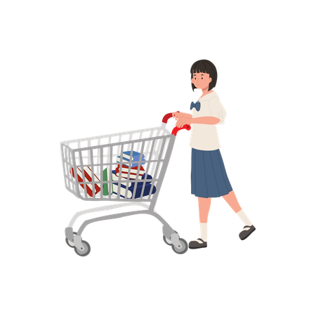 Young asian female student with shopping cart carrying books in school uniform  Illustration