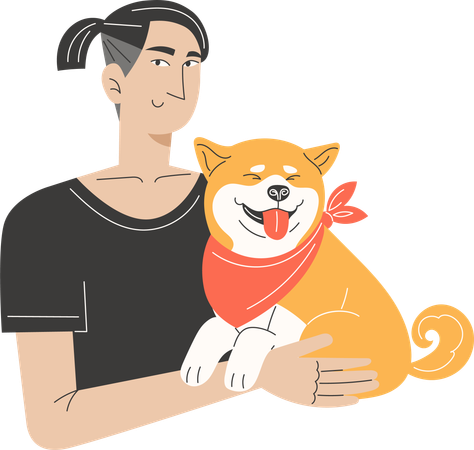 Young Asian Man Holding Shiba Inu Dog Wearing Bandana  Illustration