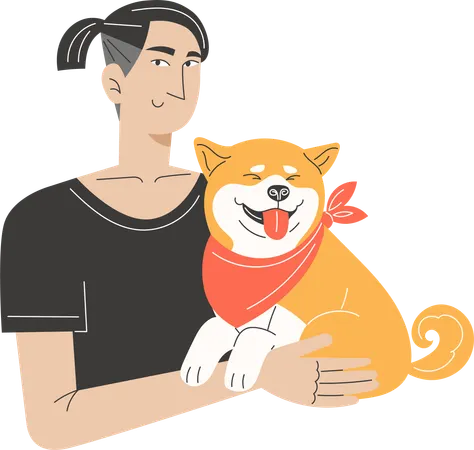 Young Asian Man Holding Shiba Inu Dog Wearing Bandana  Illustration