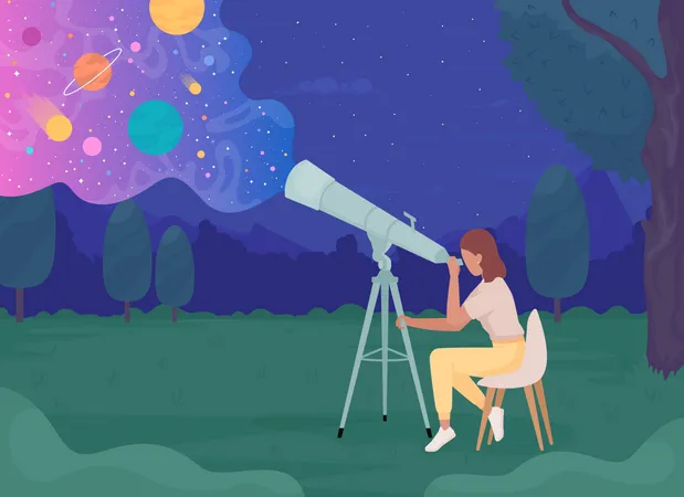 Young astronomer with telescope looking at celestial bodies  Illustration