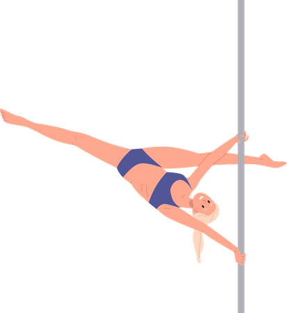 Young athlete woman pole dancer character hanging upside down on pylon  일러스트레이션
